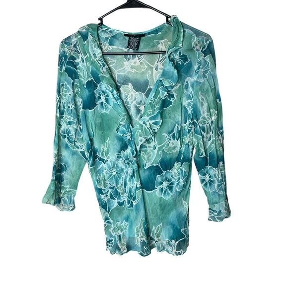 Vintage Y2K ECI New York Blue Floral Print Silk Chiffon Ruffle Collar Blouse Siz - Picture 1 of 7